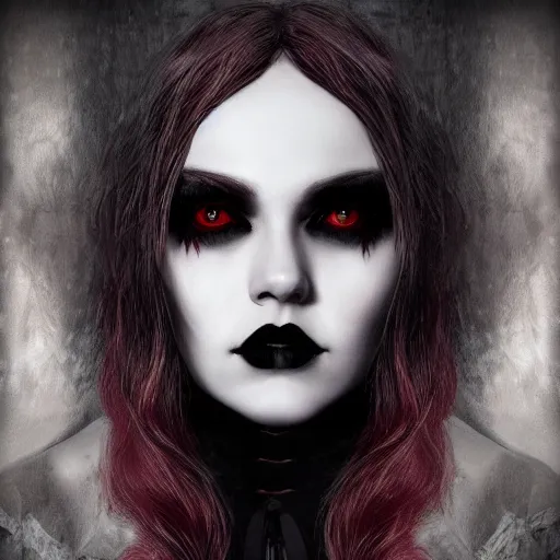 Prompt: Wanda Maximoff in gothic attire and gothic makeup, trending on artstation, gloomy atmosphere, photorealistic facial features, 4k, 8k