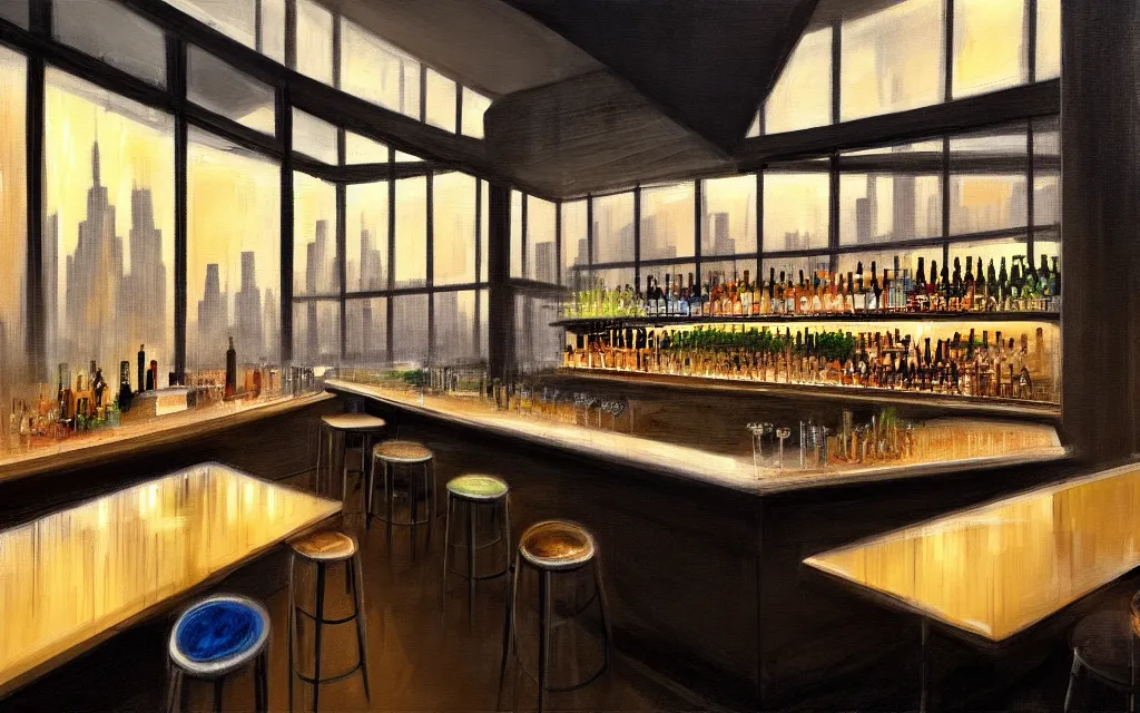 Prompt: loft lounge with tall windows, few people, city in background, bar counter with bartender and few chairs nearby, sparse plants, dim painterly lighting volumetric aquatics, impasto. drawn by feng zhu