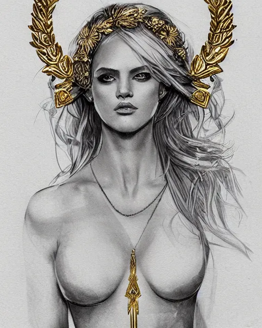 Image similar to tattoo design sketch of hot blonde super model as aphrodite greek goddess wearing a gold laurel wreath and triangle earrings, beautiful piercing gaze with sharp pupils, in the style of greg rutkowski, fantasy, amazing detail, epic, elegant, smooth, sharp focus, front view