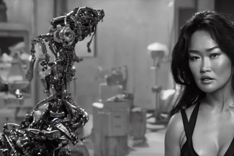 Prompt: a cinematic portrait of tia carrere fusing with a mechanical monstrosity, hyperdetailed, fritz lang and shinya tsukamoto, 8 k, hd, high resolution, 8 5 mm, f / 1. 8