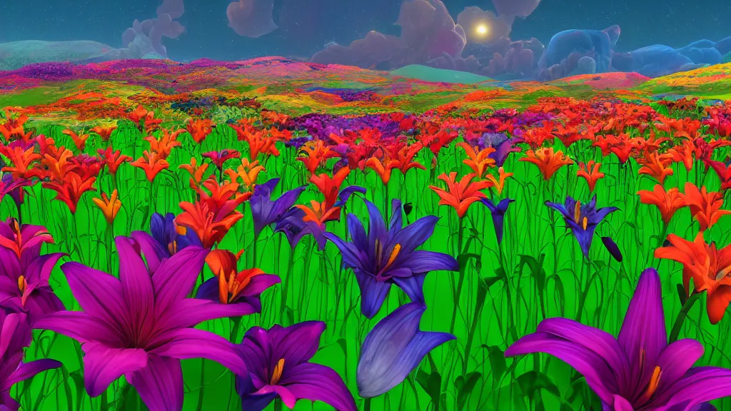 Image similar to first person perspective digital illustration of a field of giant multi-colored lilies by Dr. Seuss, reimagined by Industrial Light and Magic and beeple:1|tpwering megaflora by Dr. Seuss, spectral color, rolling hills, wide angle panoramic:0.9|fantasy, cinematic:0.9|Unreal Engine, Octane, finalRender, devfiantArt, artstation, artstation HQ, behance, HD, 16k resolution:0.8