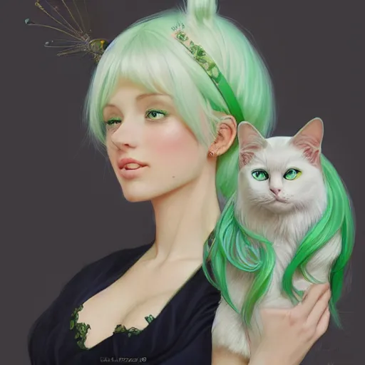 Image similar to ultra realistic illustration, dream girl with white hair, with light green eyes, with cat ears, in a sundress, intricate, elegant, highly detailed, digital painting, artstation, concept art, smooth, sharp focus, illustration, art by artgerm and greg rutkowski and alphonse mucha