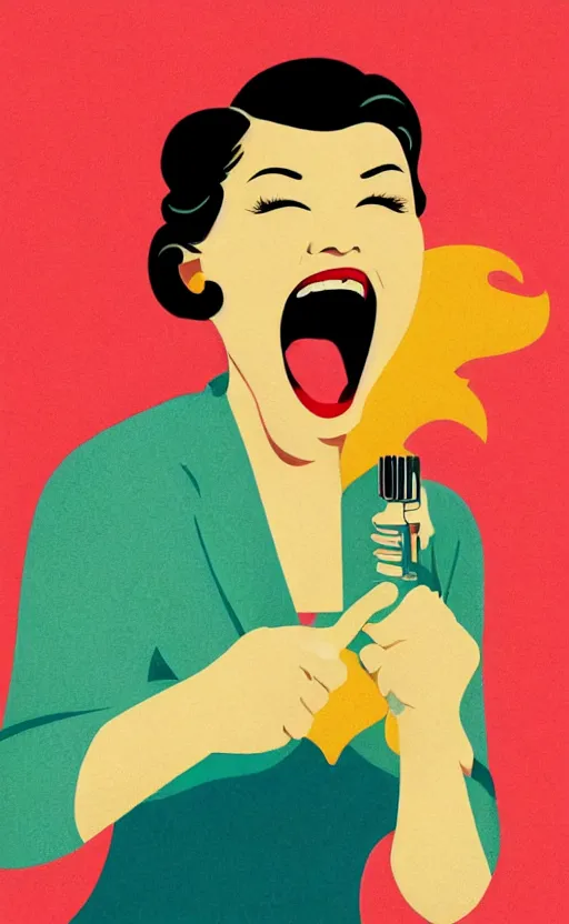 Image similar to illustration with a woman laughing out loud with open mouth, standup, comedy, joke, an art deco painting by tom whalen, trending on behance, art deco, digital illustration, storybook illustration, grainy texture, flat shading, vector art, airbrush, pastel, watercolor, poster