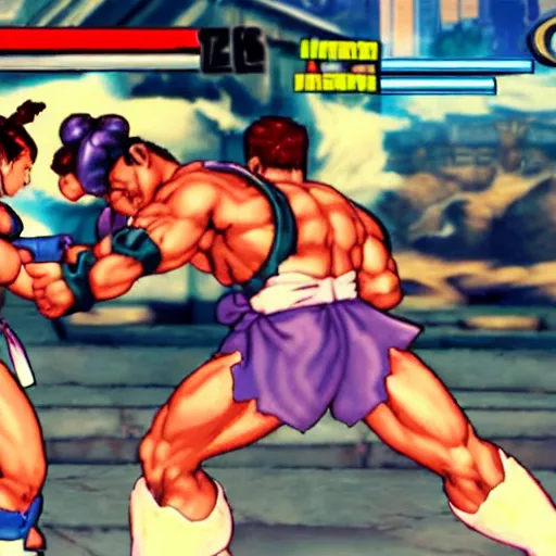 Prompt: chun li fighting ryu in street fighter 2 turbo