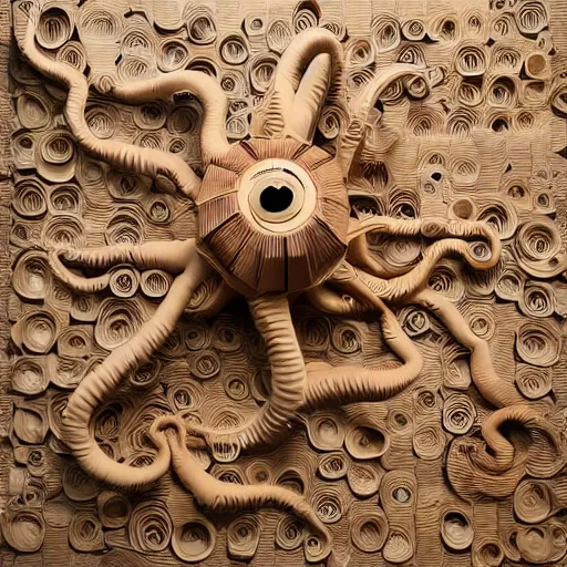 Image similar to many tentacles made of brown corrugated cardboard, cut out of cardboard, realistic photography, fantasy