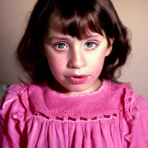 Prompt: dark haired 10 year old girl in a pink dress looking at the camera, surprised expression, she has her hand over her mouth, 1990s bedroom in the background