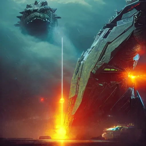 Image similar to pacific rim, godzilla ( 2 0 1 4 ), flares, halo, by simon stalenhag