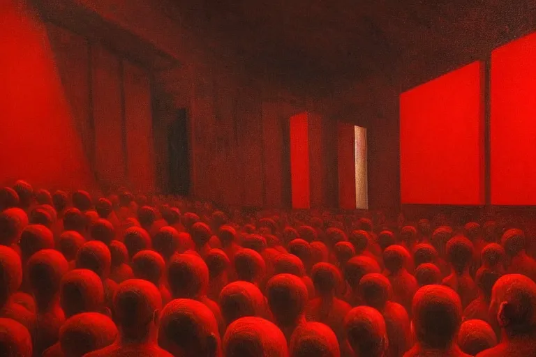 Image similar to only with red, crowd screaming, an exposed painting in a roman theater, in the style of beksinski, parts by edward hopper, parts by rodcenko, parts by yue minjun, intricate and epic composition, red by caravaggio, insanely quality, highly detailed, masterpiece, red light, artstation, 4 k