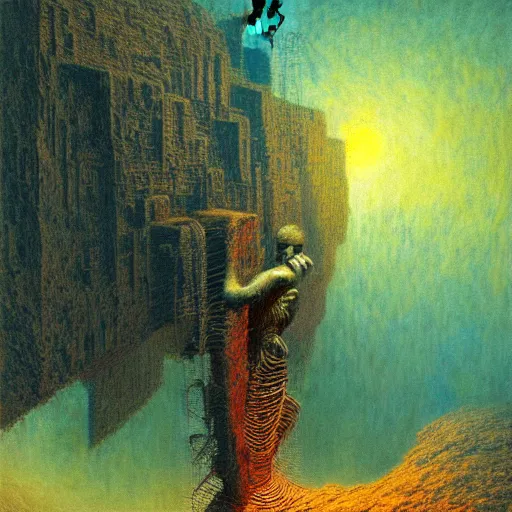 Prompt: A climber that codes A.I. - award-winning digital artwork by Beksinski, Dali, H. R. Giger, and Monet. Stunning lighting