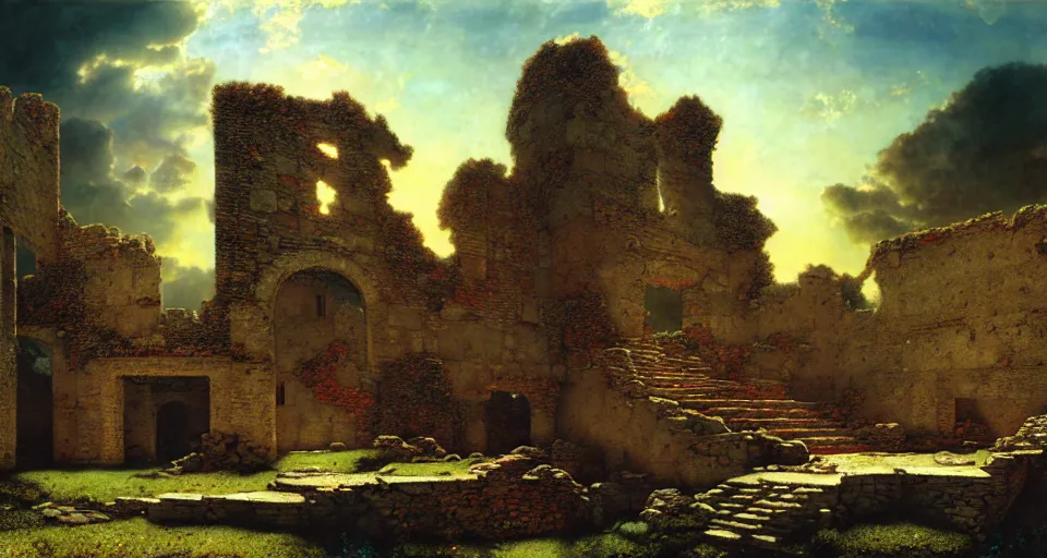 Prompt: castle ruins by lawrence alma - tadema ; dramatic lighting, sunshine rays, deep colors, colorful, beautiful, cel - shaded, amazing depth ; octane render, trending in artstation, behance hd, unreal engine, photography, hyperdetailed