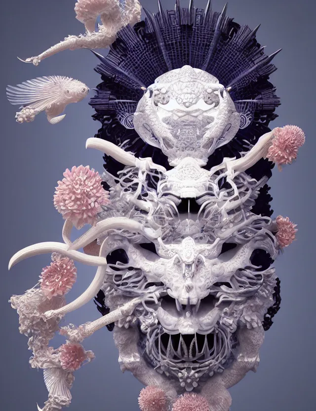 Image similar to 3 d goddess close - up 3 / 4 portrait with ram skull. beautiful intricately detailed japanese crow kitsune mask and clasical japanese kimono. betta fish, jellyfish phoenix, bio luminescent, plasma, ice, water, wind, creature, artwork by tooth wu and wlop and beeple and greg rutkowski