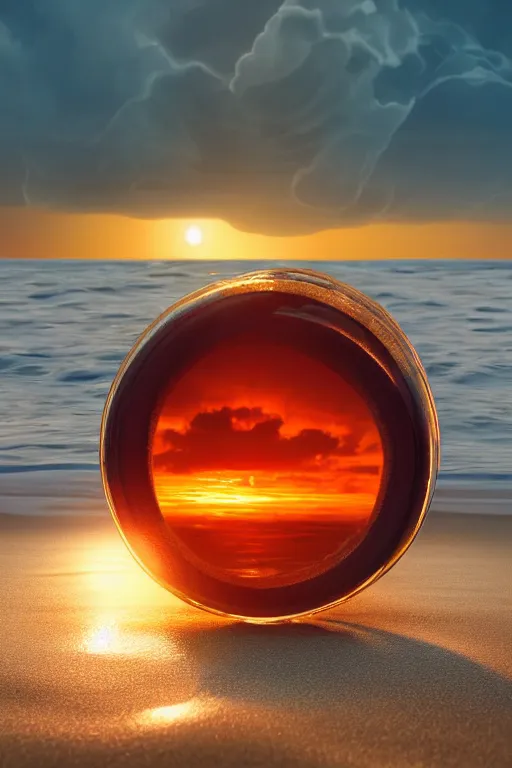 Prompt: photograph of a glass jar with another world inside, a stormy ocean inside, huge dark waves inside, a pirate ship inside. buried in sand on a beach. quiet sunset in the background. soft golden red lighting. hyperrealistic, cgsociety, 8 k, beautiful digital painting