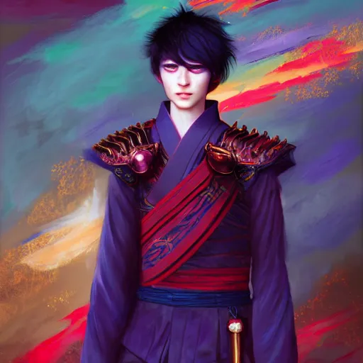 Prompt: colorful and Festive Captivating teenager boy with straight indigo japanese hair, purple eyes, red eye markers, wearing japanese traditional combat clothes with golden armor pieces. rich vivid colors, ambient lighting, dynamic lighting, 4k, atmospheric lighting, painted, intricate, highly detailed by Charlie Bowater