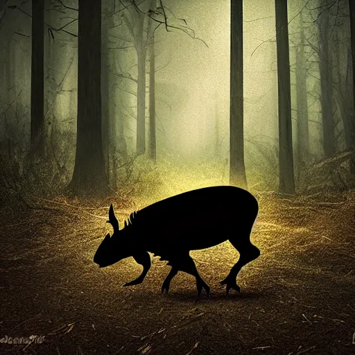 Prompt: black scorpion hunting a wild boar, dark forest, night scene, digital art, dramatic lighting, scary