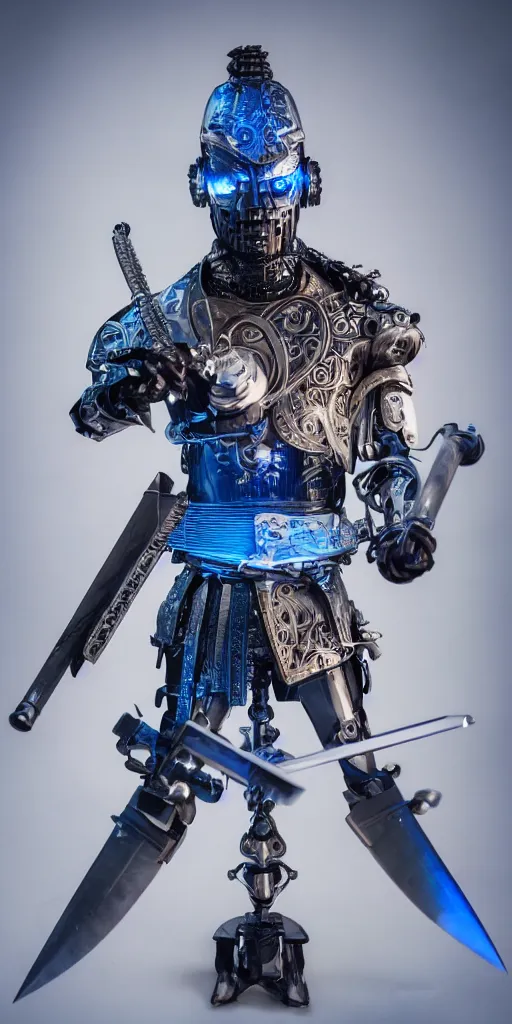 Image similar to a photo of cyborg samurai posing with a blue katana, futuristic, holographic, 8k, sharp focus, fujifilm