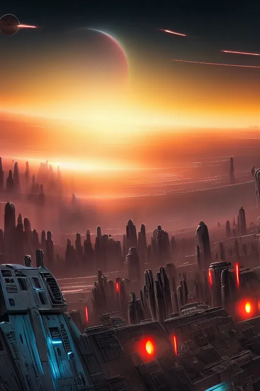 Image similar to sifi - ci city sunset, planets in the sky by dylan cole, matte painting with high detail, ground level, sci - fi star wars megacity with dramatic lighting and dramatic sky, 4 k, cinematic cinematography.