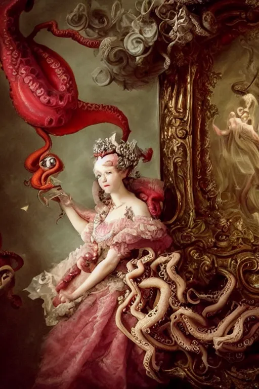 Prompt: a spectacular wideangle shot of a dreaming scary rococo queen with a octopus head, award winning photography