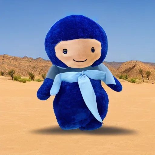 Image similar to blue'snappy gifts'logo human - sized plush doll, looking at the camera, in the desert, holding gift, happy atmosphere, high detail, 8 k