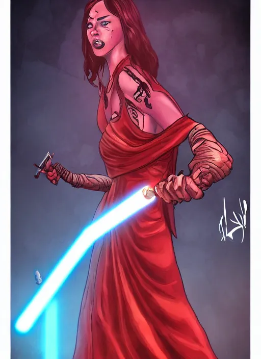 Image similar to comic style the evil moon is holding a Jedi red sword in her hands artstation