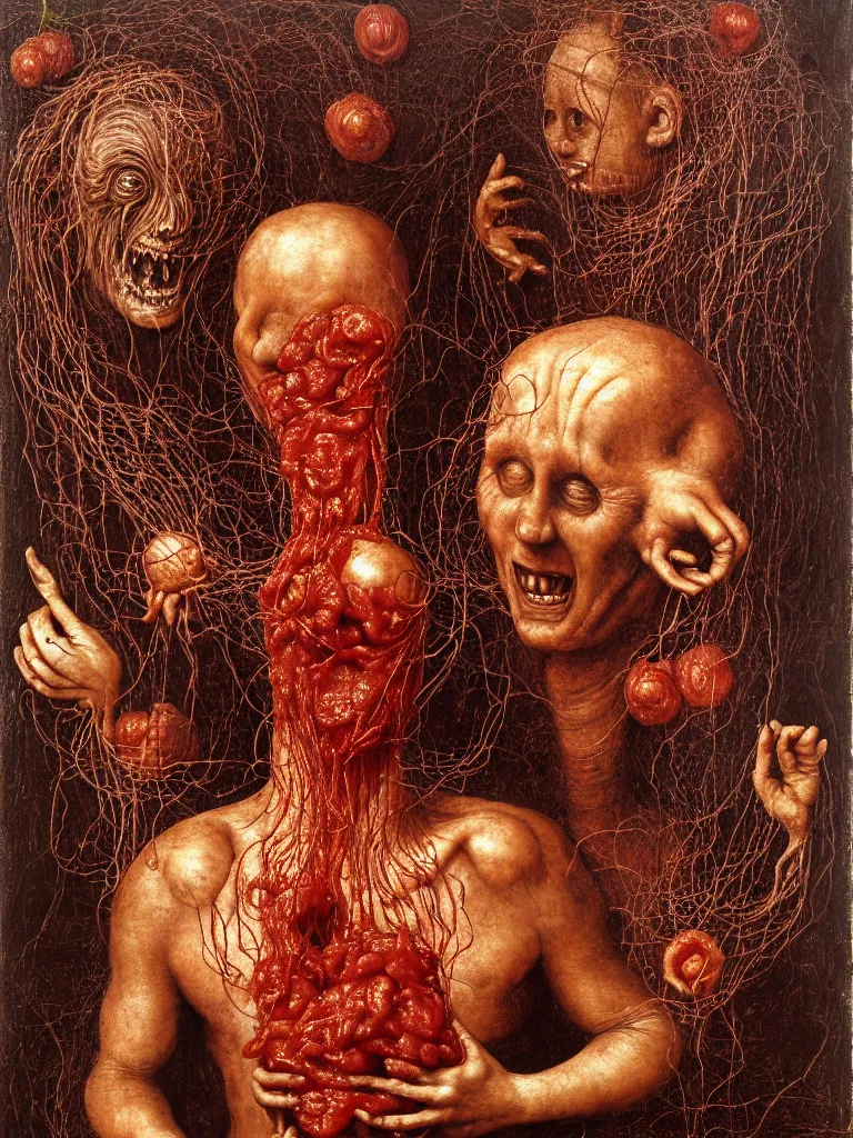 Image similar to a boy like the spaghetti monster, eraserhead and elephant man sitting in a tub full of tomato sauce, looking straight into camera, screaming in desperation, by giuseppe arcimboldo and ambrosius benson, renaissance, fruit, intricate and intense oil paint, a touch of joseph cornell, beksinski and hr giger and edward munch, realistic