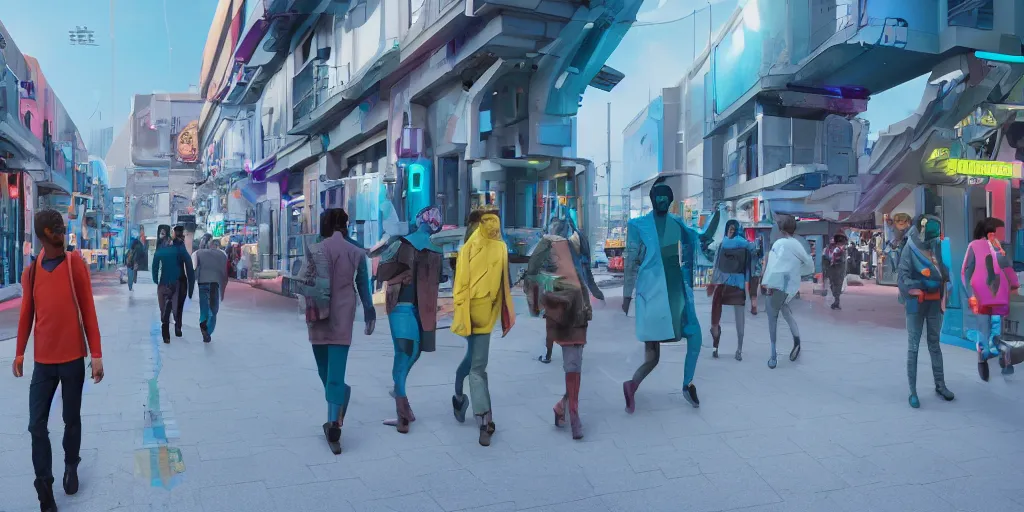 Image similar to A colorful science fiction neigbourhood, in the future. The walls change colour and shape depending on the clothing of the people walking in front of them, epic lighting, 8K, Rendered in Cinema4D, 8K 3D, CGSociety, ZBrush, volumetric light, lightrays, wide angle shot, atmospheric, octane