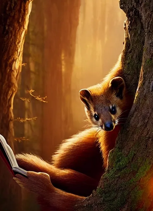 Image similar to A beautiful scene from a 2022 fantasy film featuring a humanoid pine marten wearing loose clothing reading on a couch. An anthropomorphic pine marten. Golden hour.