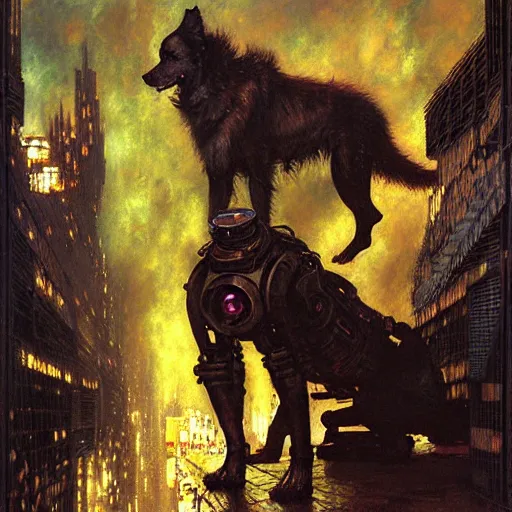 Image similar to portrait german dogman canine neuromancer. spaceship futuristic city. shadowrun cyberpunk fantasy d & d painting by gaston bussiere craig mullins jc leyendecker gustav klimt artgerm greg rutkowski john berkey, bergey, craig mullins, ruan jia, raymond swanland, jeremy mann, beksinski, jack kirby, tom lovell