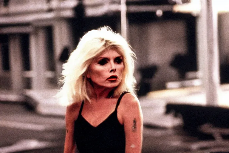 Image similar to a film portrait still of debbie harry in scarface, gritty vice atmosphere. realism, cinematic lighting, 4 k. 8 mm. grainy. panavision.