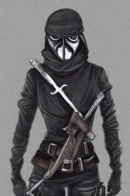 Prompt: special forces female plague doctor, special operative, dons a black uniform and a plague crow mask, long sleeves, turtleneck, trending on artstation