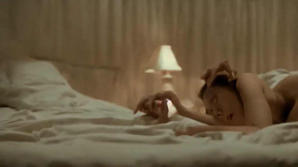 Image similar to movie still of a girl having sleep paralysis, cinematic composition, cinematic light, criterion collection, vivid colors, by edgar wright and david lynch