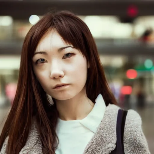 Prompt: a closeup portrait of woman walking in mall alone in style of 1990s, street photography seinen manga fashion edition, focus on face, eye contact, tilt shift style scene background, soft lighting, Kodak Portra 400, cinematic style, telephoto