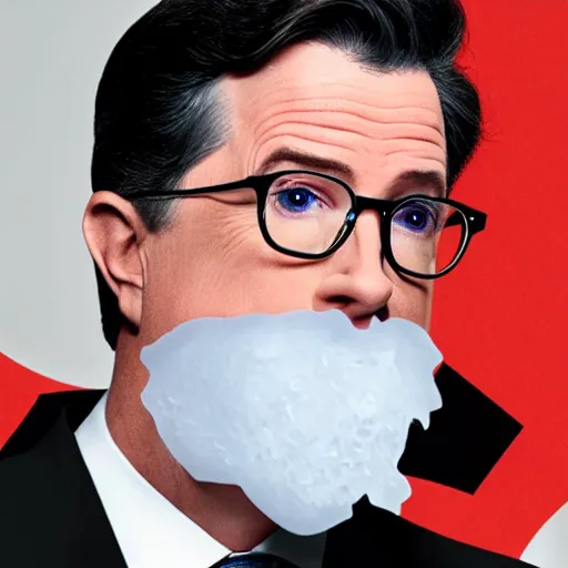 Prompt: stephen colbert with a frozen frosted beard ice cubes beard cooling pack beard