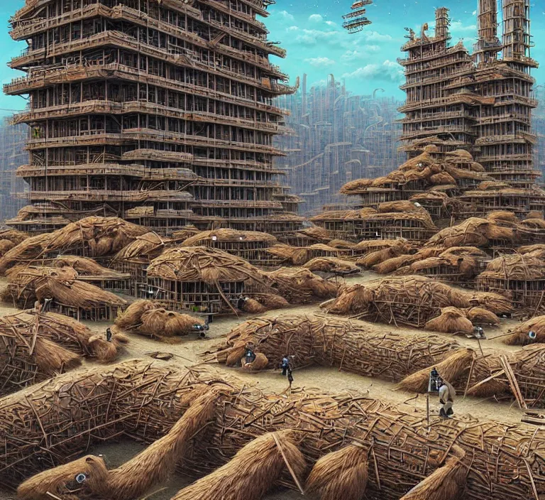 Prompt: hyperrealism photography hyperrealism concept art of highly detailed beavers builders that building highly detailed futuristic city with sticks by hasui kawase and scott listfield sci - fi style hyperrealism