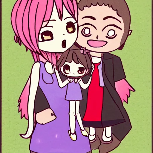 Image similar to a chibi mum with a chibi dad hugging their chibi daugher