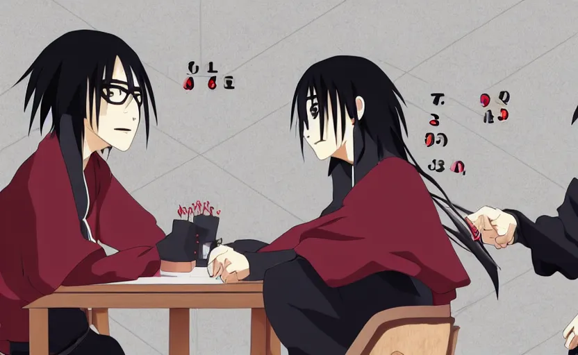 Image similar to Itachi and Kabuto playing tic tac toe at a cafe, Naruto Shippuden anime scene, digital art, 4k