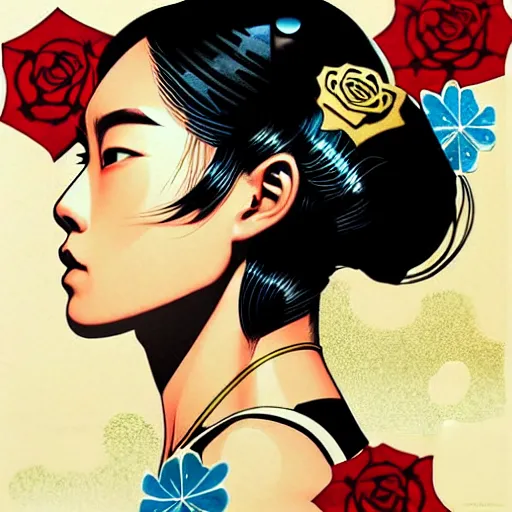 Image similar to portrait of japanese woman :: side profile :: in ocean :: guns metallic details :: gold :: blood and roses :: by MARVEL comics and Sandra Chevrier