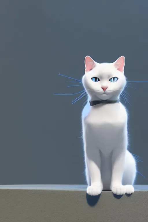 Image similar to a white cat with blue eyes wearing a red formal overcoat, hyperrealistic, concept art, octane render, unreal engine 5, realistic and defined face, profile picture, digital art, pixar and disney style, symmetrical, high quality, highly detailed, high coherence, path traced, house background, low contrast, beautiful, elegant clothes