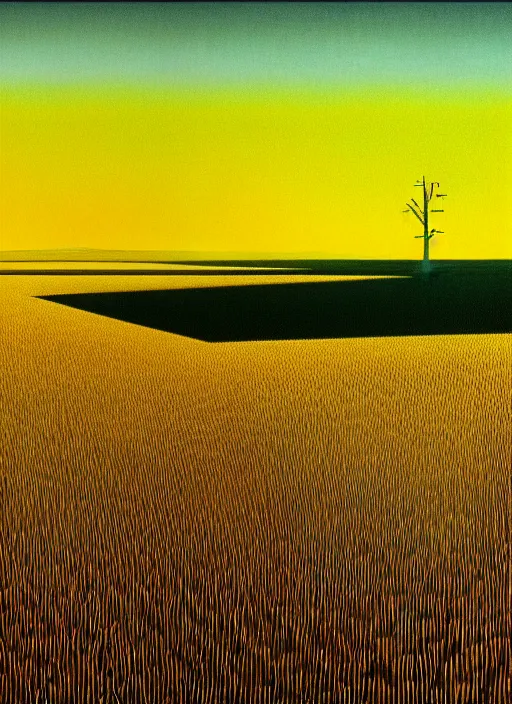 Prompt: hyper detailed 3d render like a Oil painting - the endless plains, light and shadow, yellow wheat fields and electric poles, by Jacek Yerka, Mariusz Lewandowski, Houdini algorithmic generative render, Abstract brush strokes, Masterpiece, Edward Hopper and James Gilleard, Zdzislaw Beksinski, Mark Ryden, Wolfgang Lettl, hints of Yayoi Kasuma, octane render, 8k