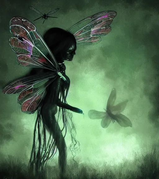 Image similar to gothic fairy with dragonfly wings, digital painting, liminal eerie midnight backlit, a picture taken by Michael Komarck