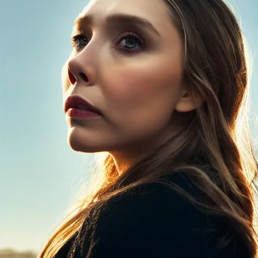 Image similar to elizabeth olsen still, natural light failling on her face, backlingtning, golden hour, fujifilm x - pro 2, by annie leibowitz