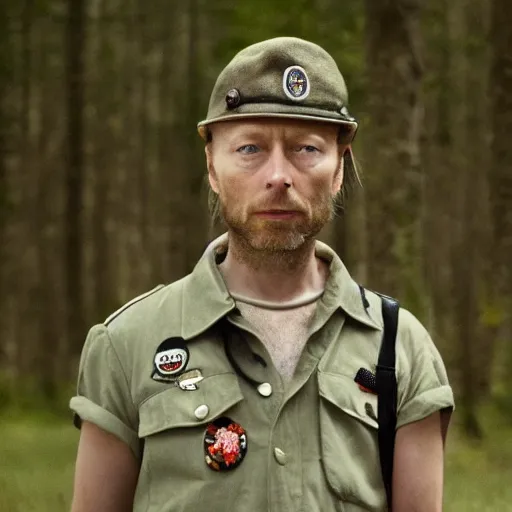 Prompt: thom yorke from radiohead as a khaki scout from moonrise kingdom