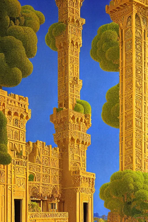 Image similar to ancient carved tower of the moon in its gardens fairytale illustration, elaborate latticed balconies, tall windows, moorish architecture, formal gardens, dramatic cinematic lighting, soft colors, golden age illustrator, unreal engine, by Ludwig Deutsch and William Dyce and April Gornik and (Maxfield Parrish and Nicholas Roerich)