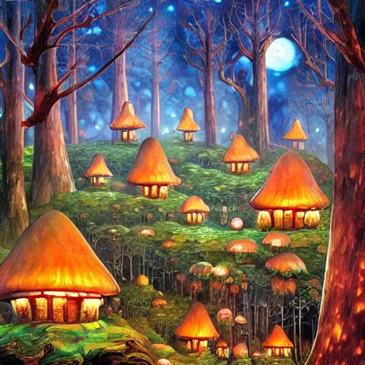 Image similar to glowing mushroom houses in a forest village, mushroom architecture, art by ricardo bofill, james christensen, rob gonsalves, paul lehr, leonid afremov and tim white