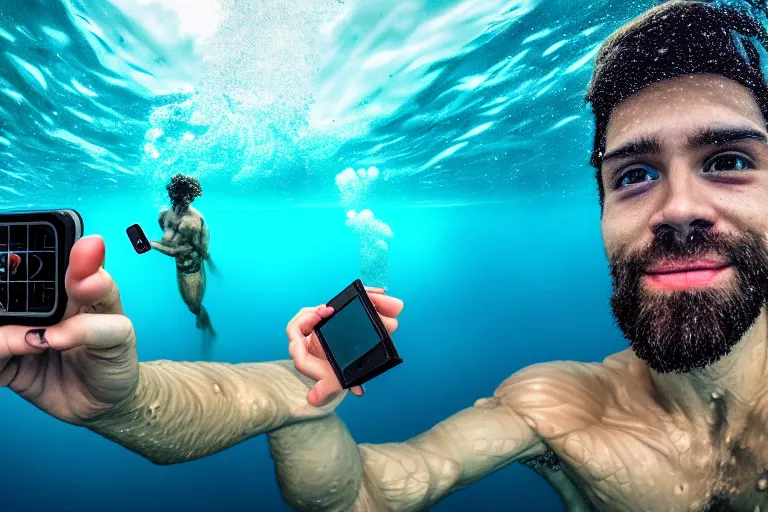 Prompt: high quality 4 k resolution go pro photo of storm god poseidon taking a selfie of himself with a go pro oil painting, hyperrealistic, underwater look king confused holding his trident