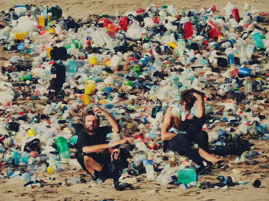 Image similar to lorenzo cherubini jovanotti alone crying surrounded by plastic bottles and garbage on a beach, polaroid color photo, ultra realistic