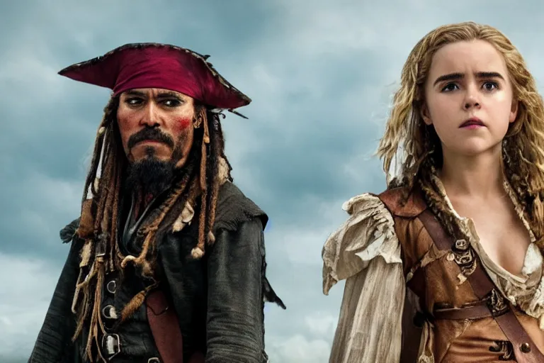 Image similar to promotional image of kiernan shipka as a gritty pirate captain in the new Pirate of the Carribean movie, dark stormy weather, detailed face, movie still frame, promotional image, imax 70 mm footage