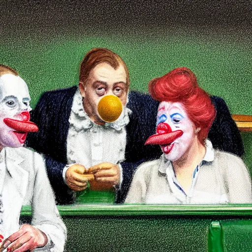 Prompt: a highly detailed beautiful portrait close up hyper realistic photograph of british members of parliament in the house of commons wearing pastel coloured clown costumes with pleasant oversized joyful faces, they are smoking. in the style of edward hopper, richard hamilton. concept art. green leather benches. photographic. concept. crisp digital art. no artefacts. desaturated. high fidelity facial portrait. 8 k