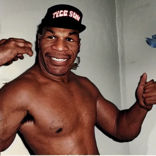 Prompt: mike tyson, wearing a silly hat, tinder profile