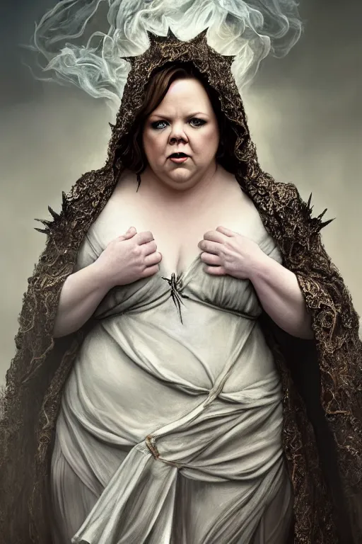 Prompt: Full body potrait of Melissa McCarthy as and angel wearing cloak made of smoke and ashes, death is partly draped with bones, death is split in two with smoke, fantasy, intricate, elegant, highly detailed, digital painting, artstation, waman is curved, concept art, smooth, sharp focus, illustration, art by Ilja Repin