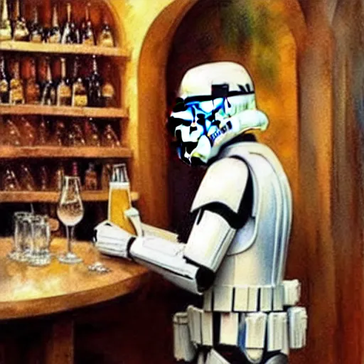 Image similar to stormtrooper and hot blonde drinking beer in a wine cellar, romantic, cozy, inviting, detailed, beautiful, atmospheric, impressionism, watercolor by vladimir volegov, inspired by ralph mcquarrie